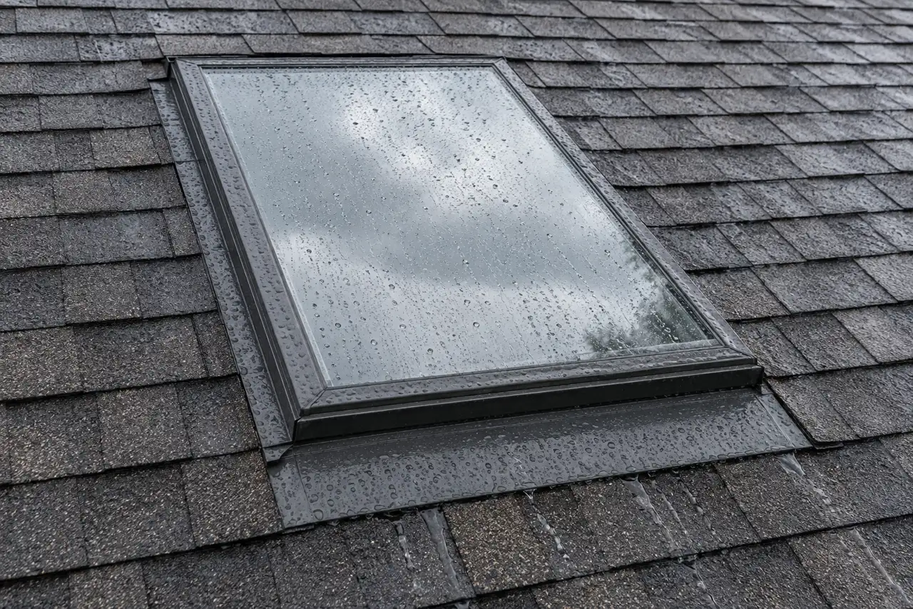 Rain on a skylight in a shingle roof