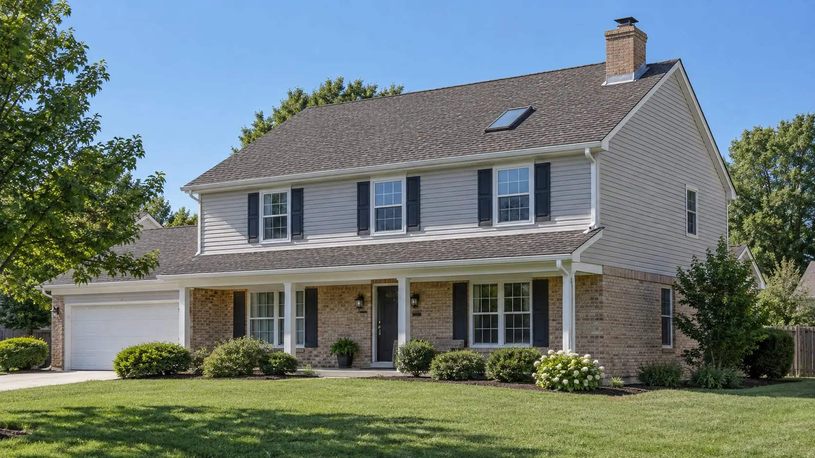A finished house with new roof, chimney flashing, skylight, siding and gutters